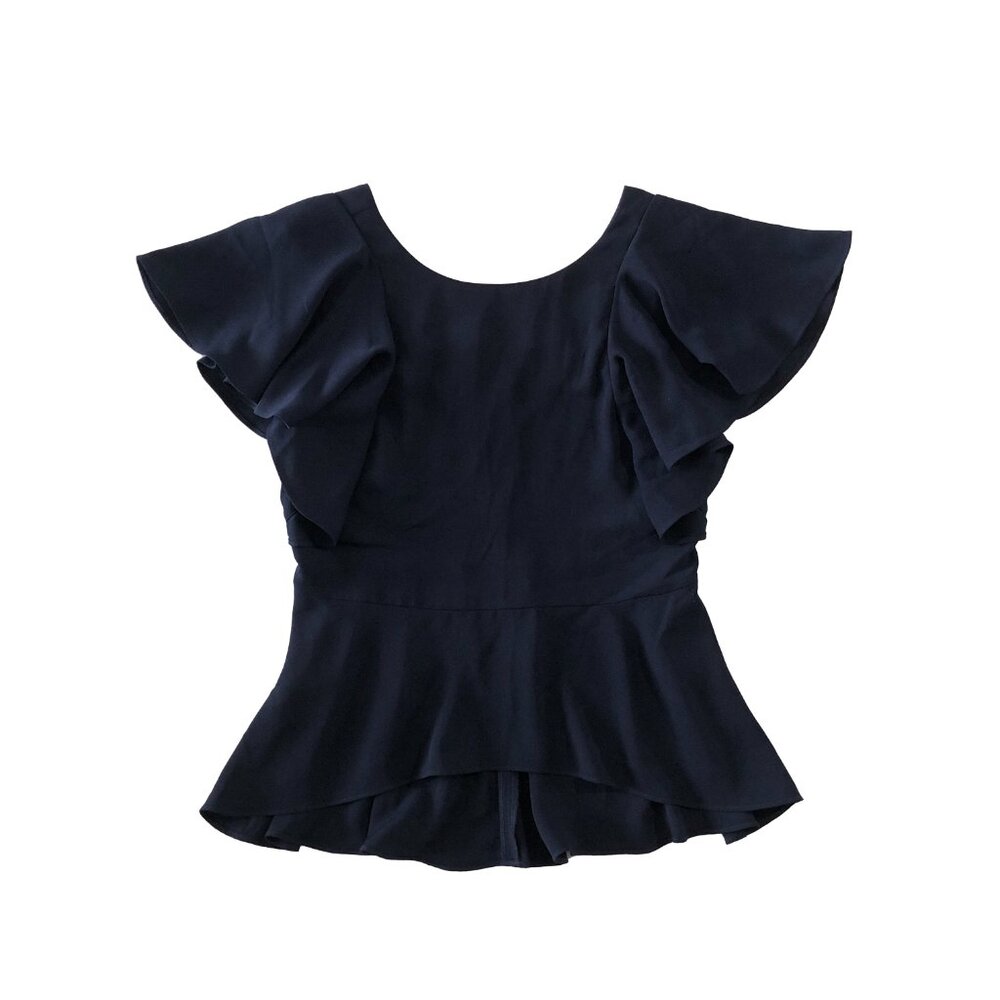 Faith & Zoe Womens Size S Navy Blue Ruffle Sleeve High Low Hem Blouse